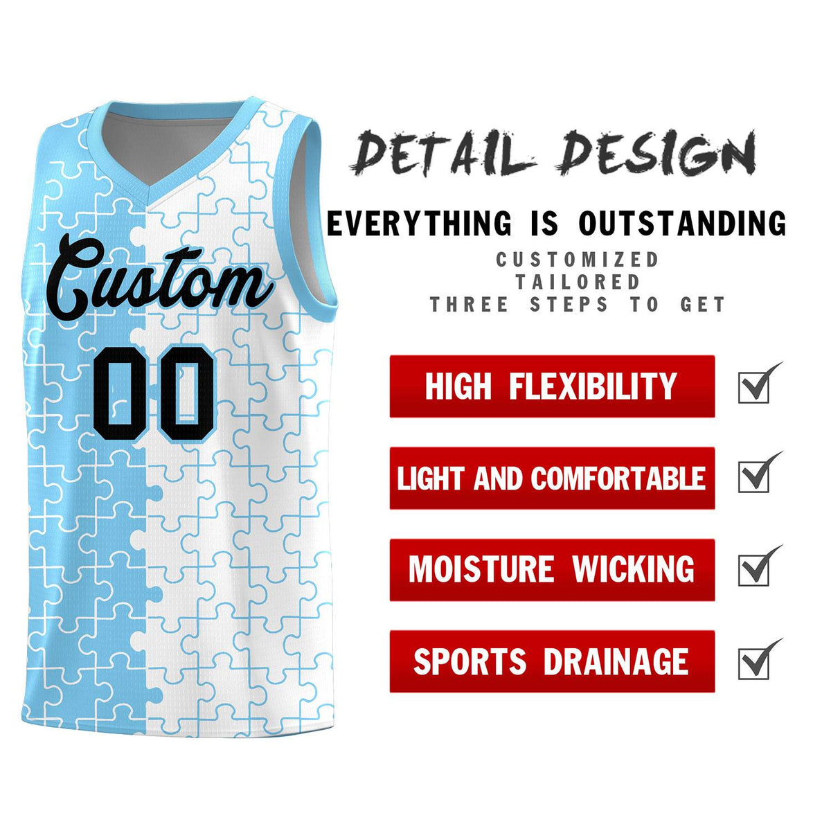 Custom Light Blue White Basketball Jersey