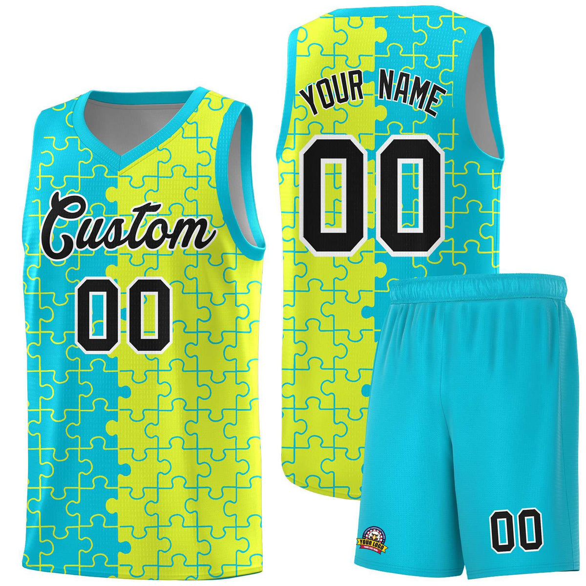 Custom Sky Blue Fluorescent Green Basketball Jersey