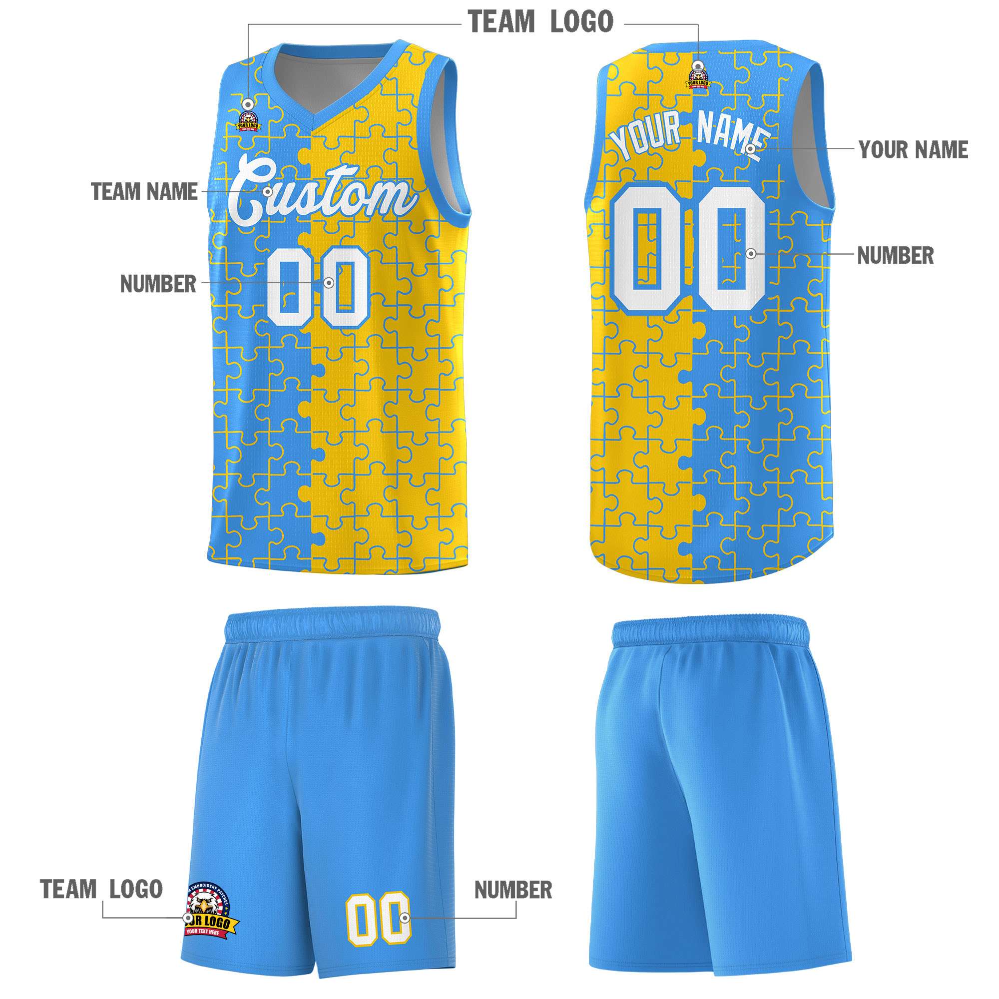 Custom Light Blue Gold Basketball Jersey
