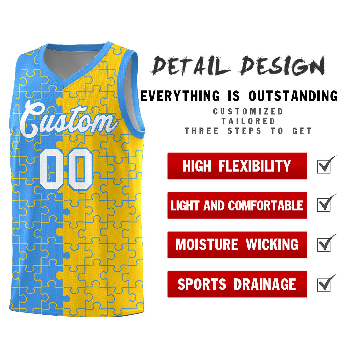 Custom Light Blue Gold Basketball Jersey