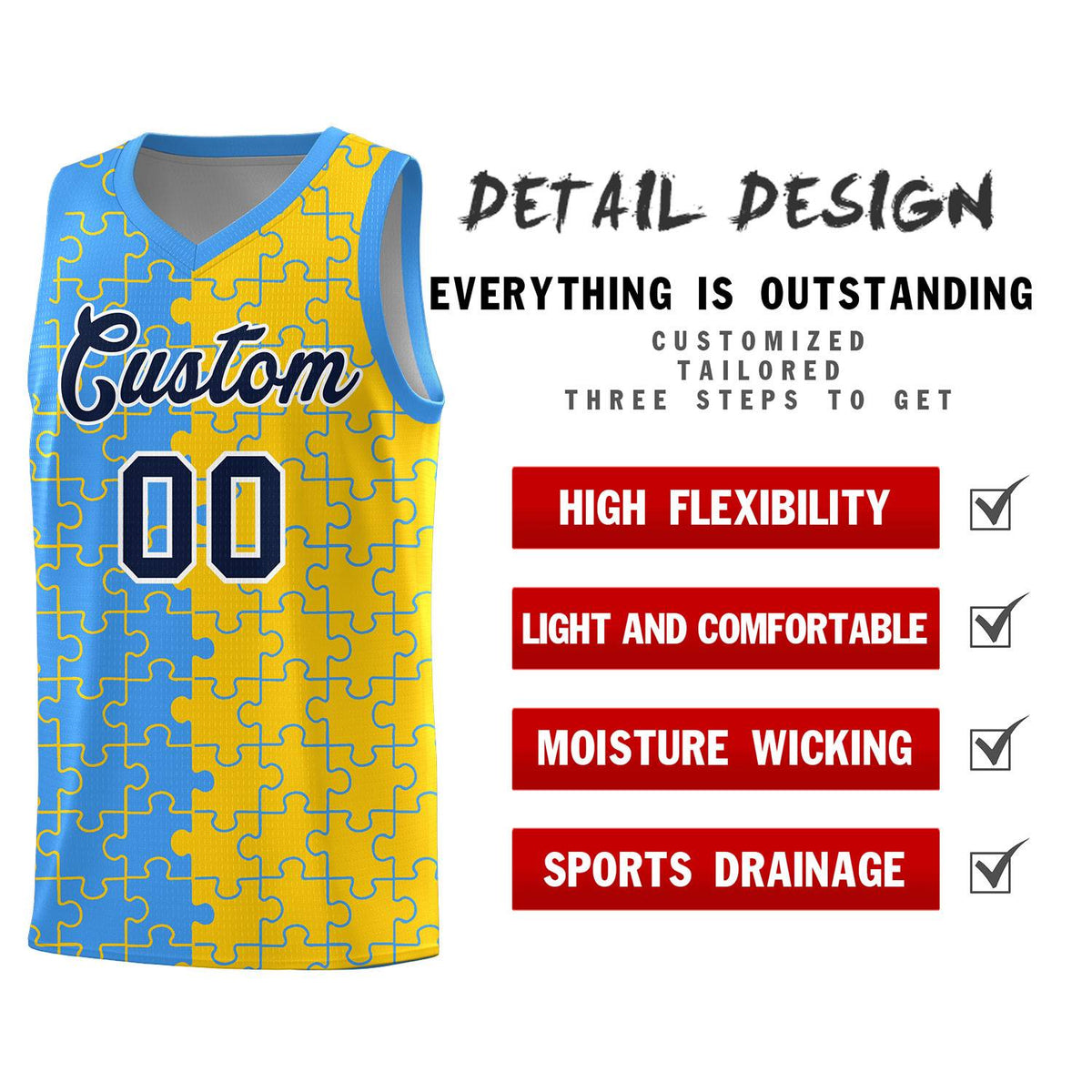 Custom Light Blue Gold Basketball Jersey