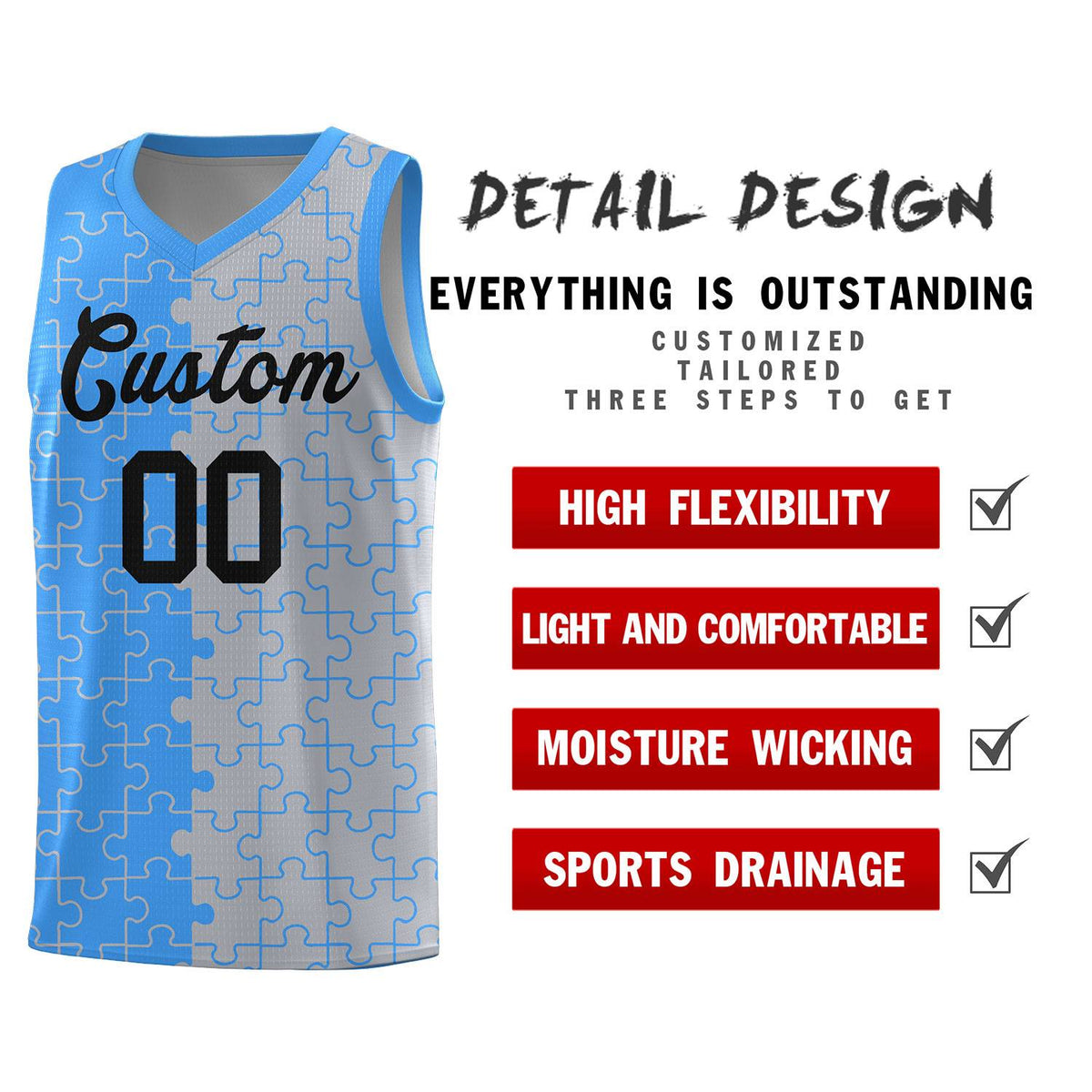 Custom Light Blue Gray Basketball Jersey