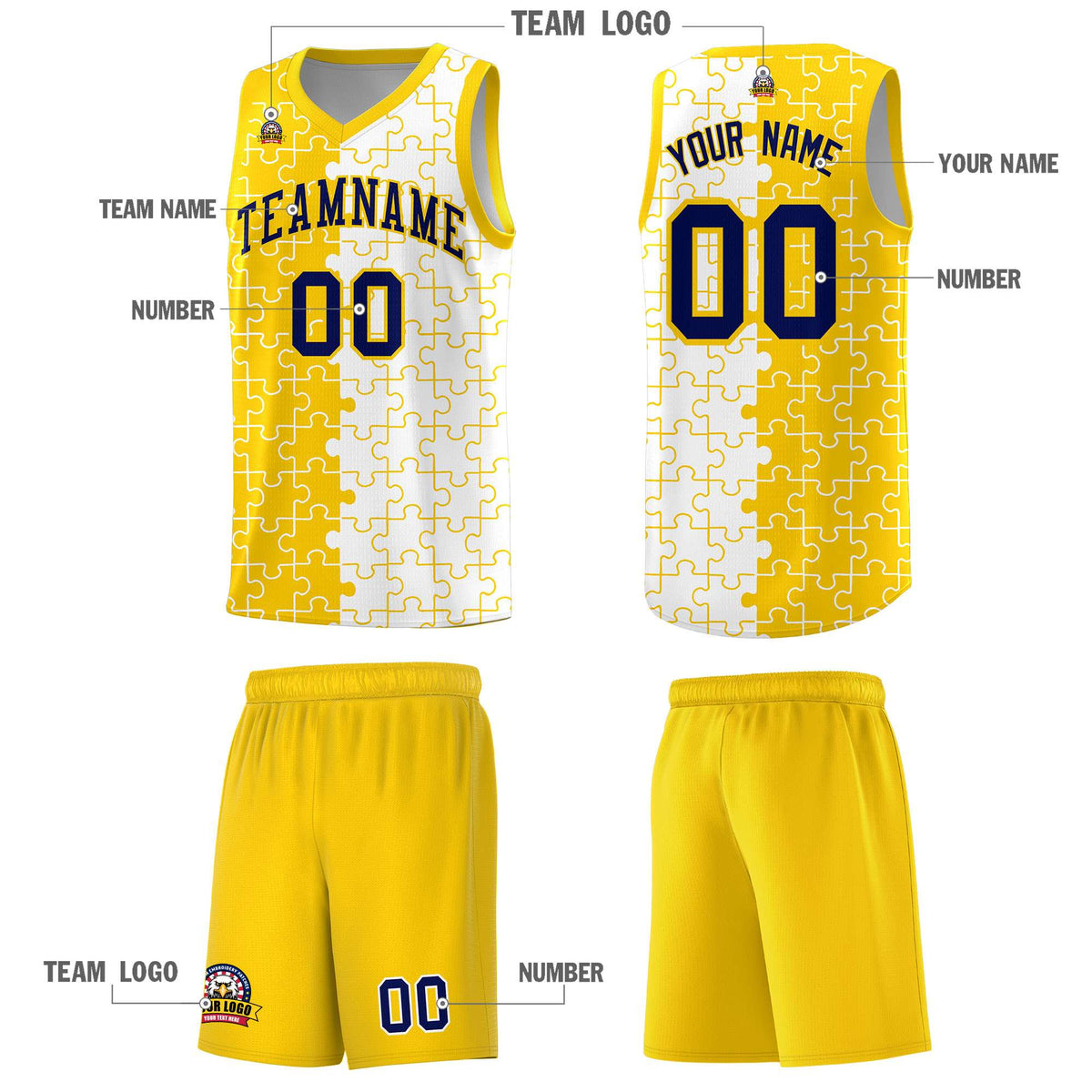 Custom Gold White Splid Basketball Kits With Puzzle Pattern
