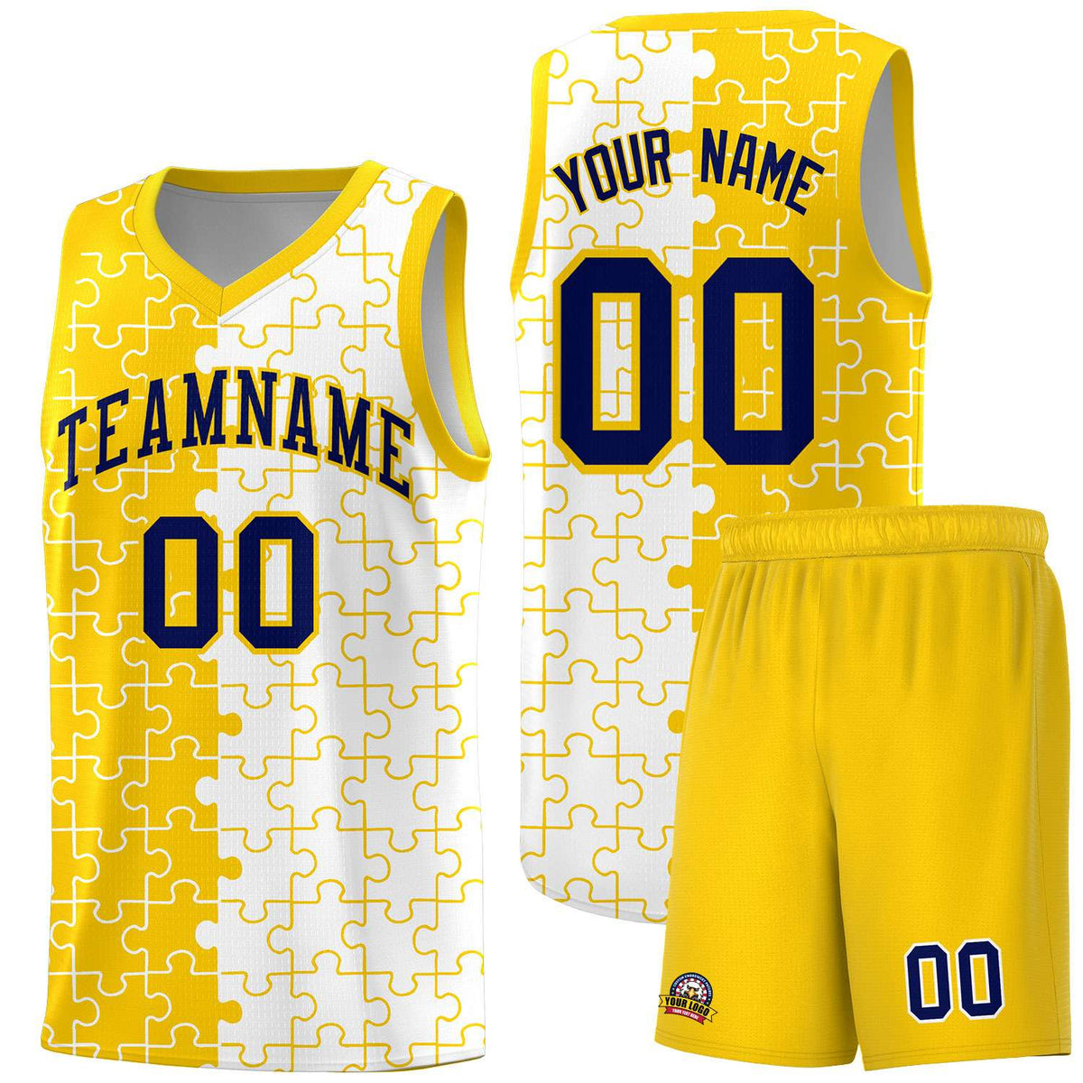 Custom Gold White Splid Basketball Kits With Puzzle Pattern