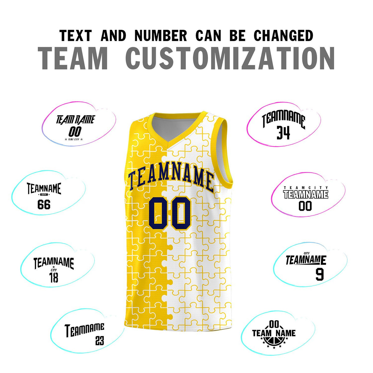 Custom Gold White Splid Basketball Kits With Puzzle Pattern