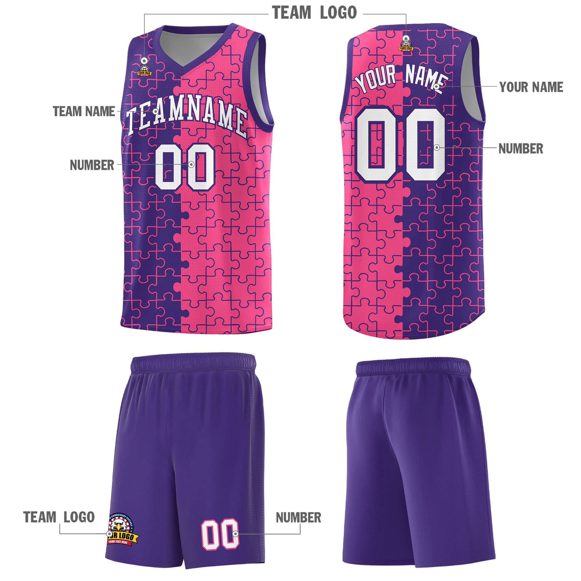 Custom Purple Pink Splid Basketball Kits With Puzzle Pattern
