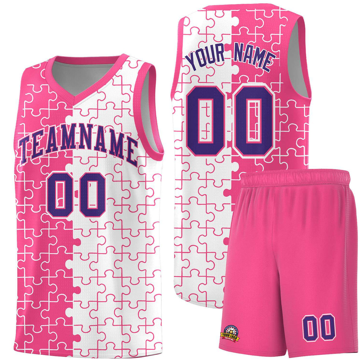 Custom Pink White Splid Basketball Kits With Puzzle Pattern