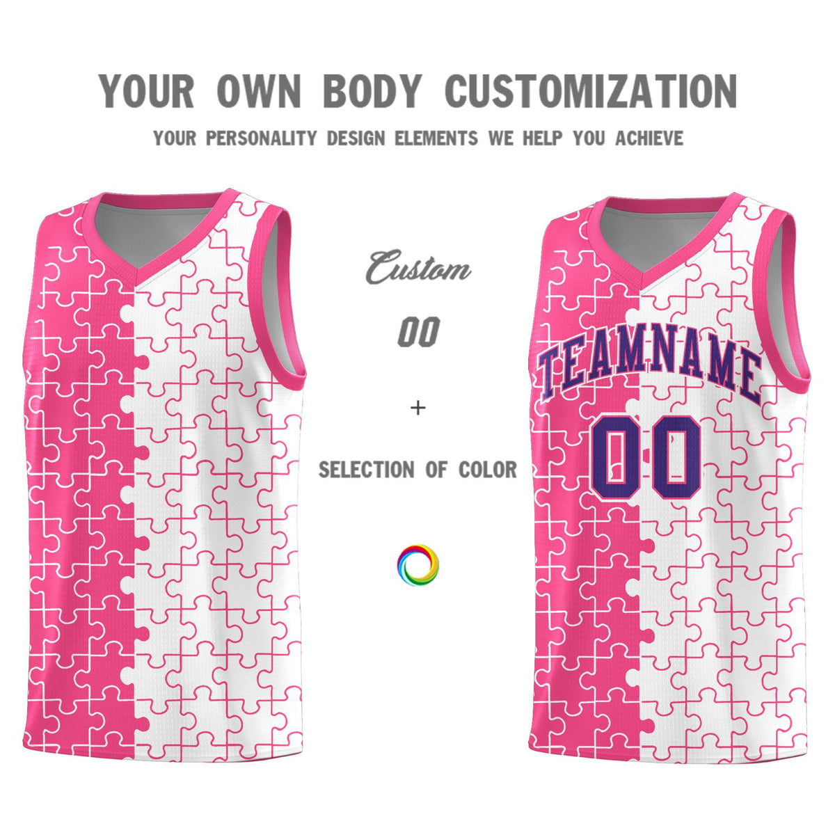 Custom Pink White Splid Basketball Kits With Puzzle Pattern