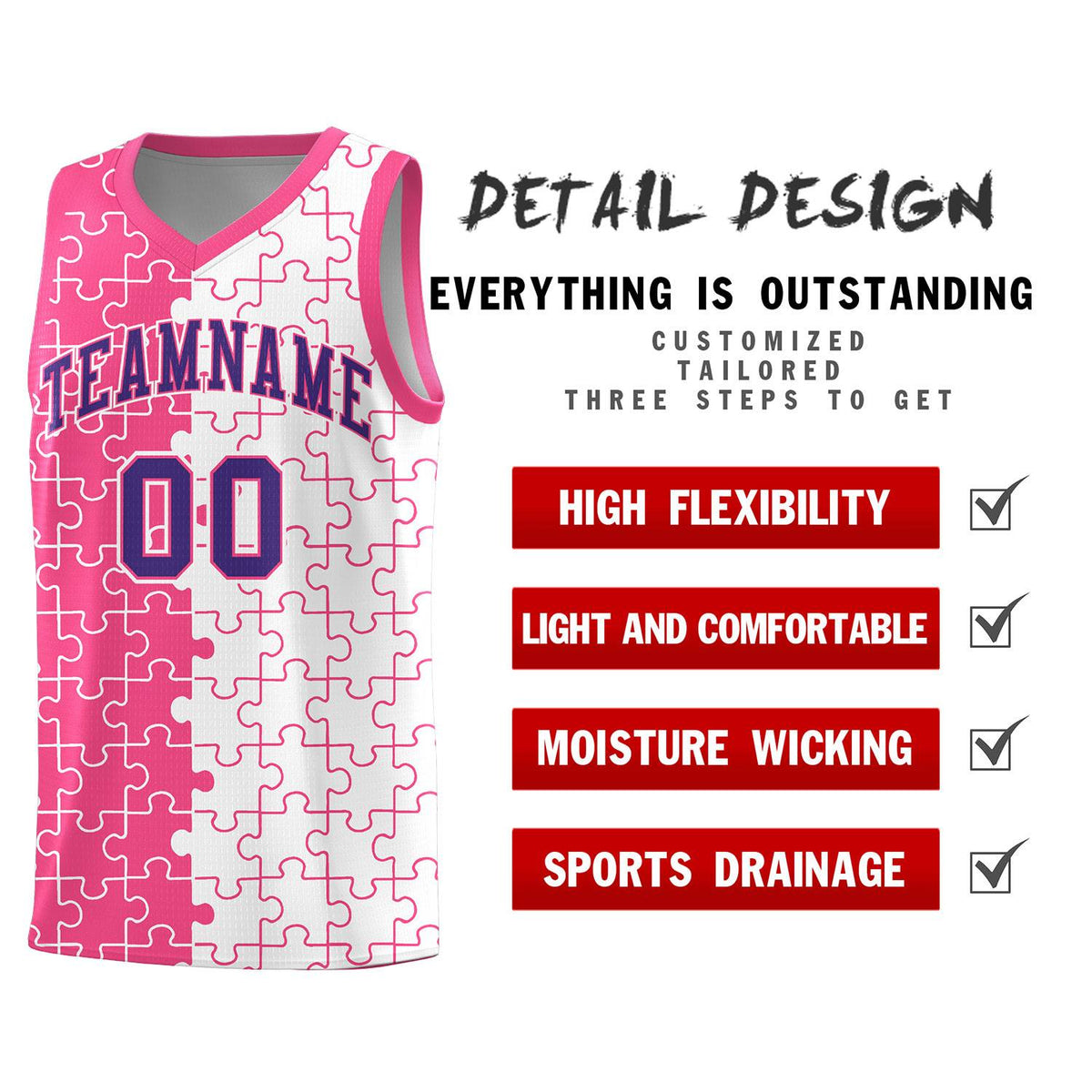 Custom Pink White Splid Basketball Kits With Puzzle Pattern