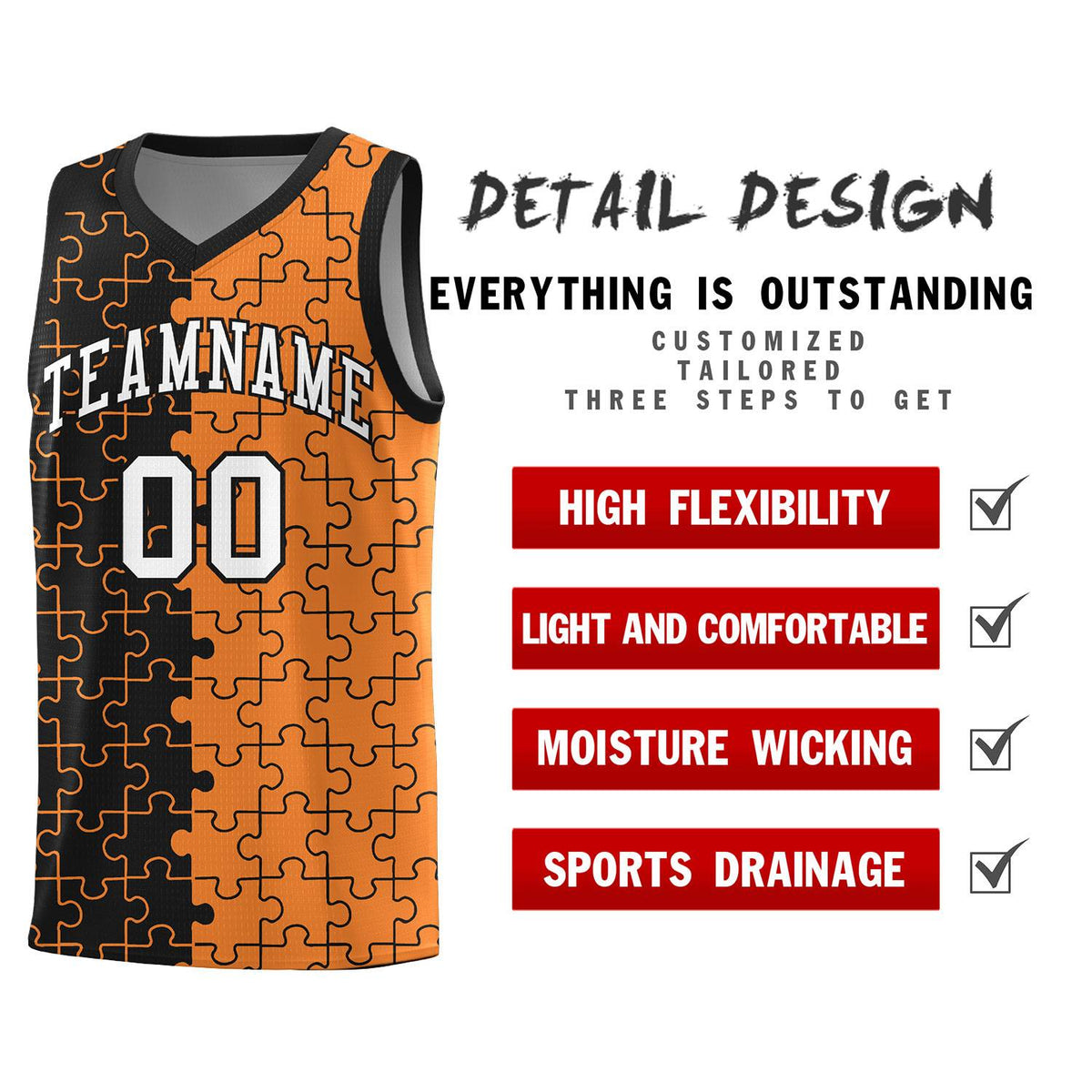 Custom Black Gold Orange Splid Basketball Kits With Puzzle Pattern