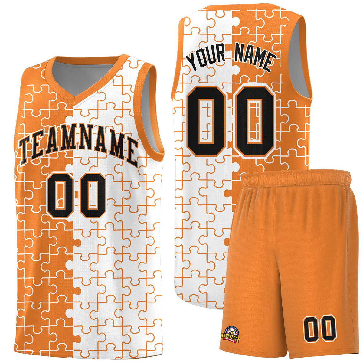 Custom Gold Orange White Splid Basketball Kits With Puzzle Pattern