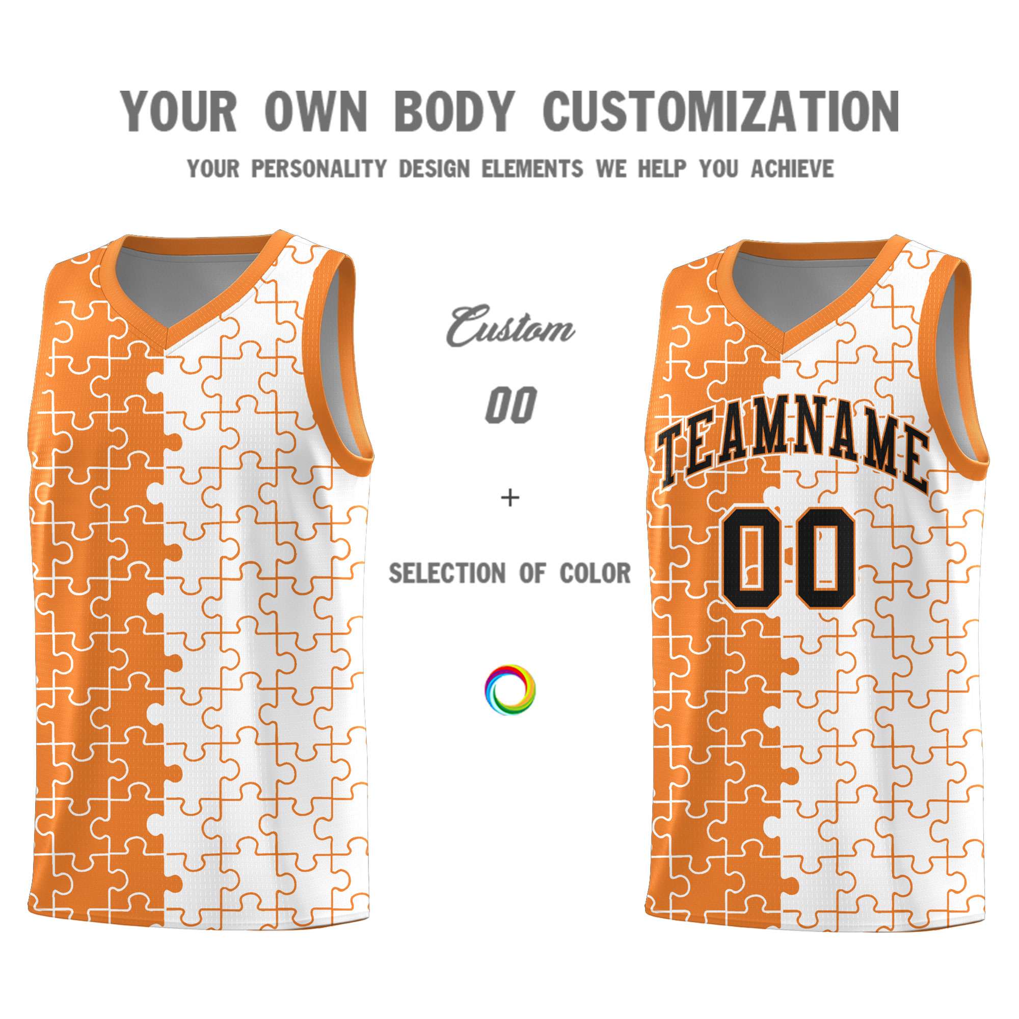 Custom Gold Orange White Splid Basketball Kits With Puzzle Pattern