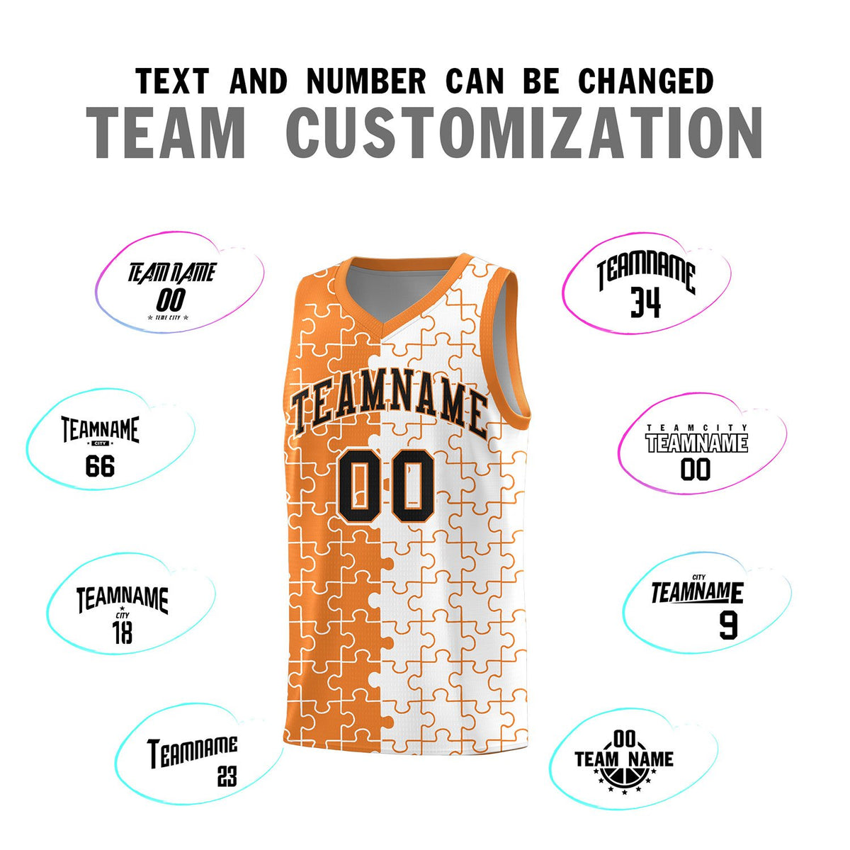 Custom Gold Orange White Splid Basketball Kits With Puzzle Pattern