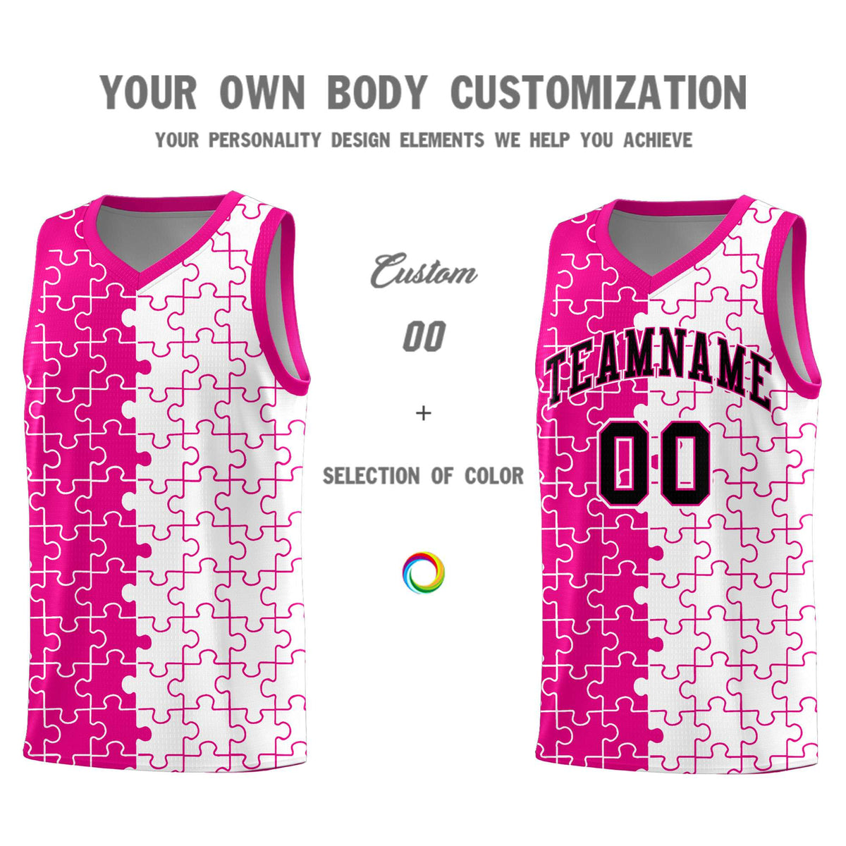 Custom Rose Red White Splid Basketball Kits With Puzzle Pattern