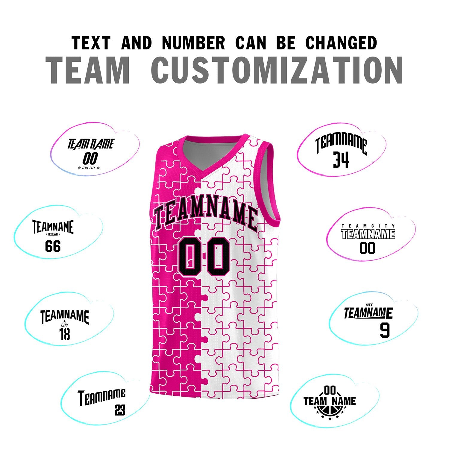 Custom Rose Red White Splid Basketball Kits With Puzzle Pattern