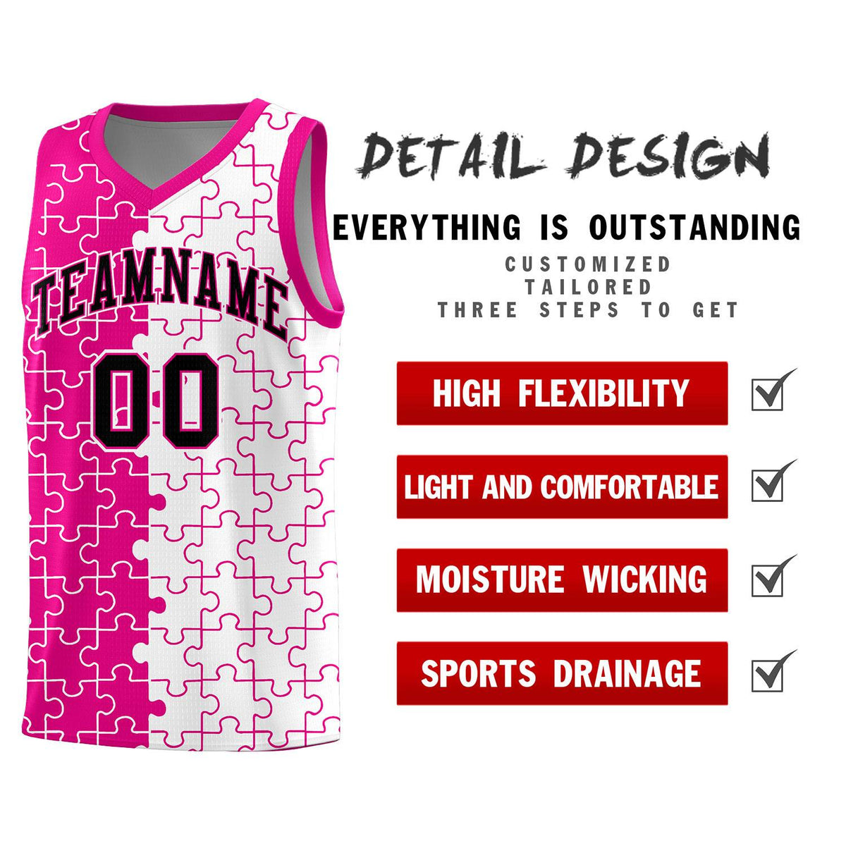 Custom Rose Red White Splid Basketball Kits With Puzzle Pattern