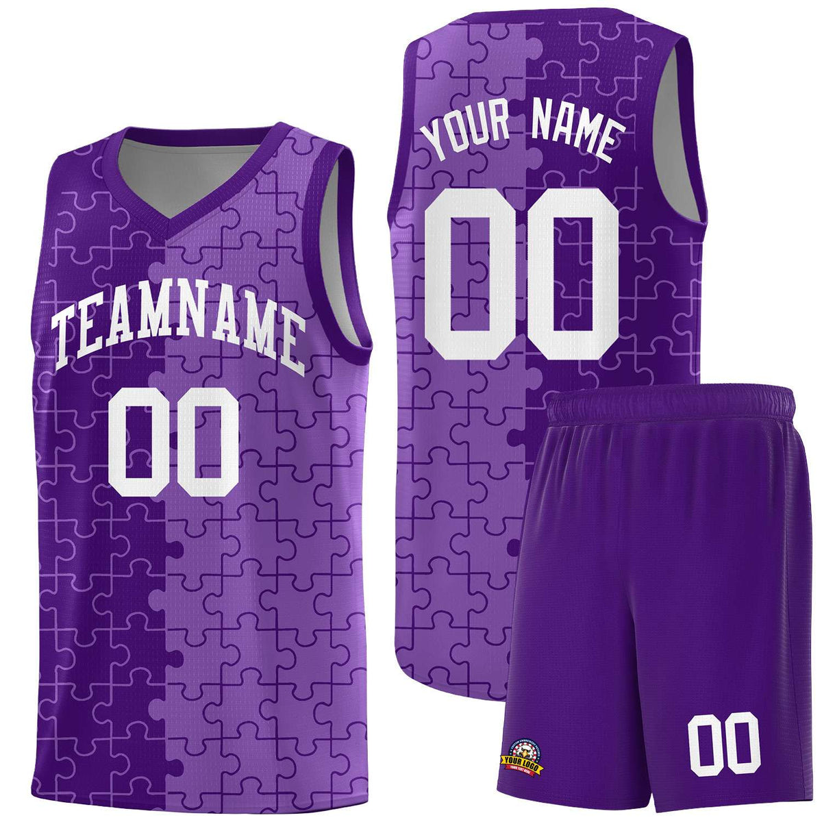 Custom Purple Light Purple Splid Basketball Kits With Puzzle Pattern