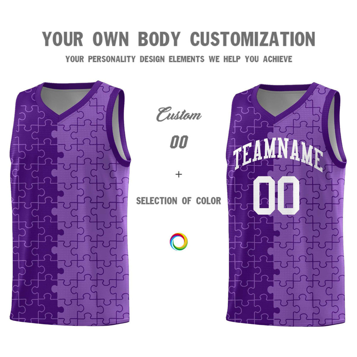 Custom Purple Light Purple Splid Basketball Kits With Puzzle Pattern