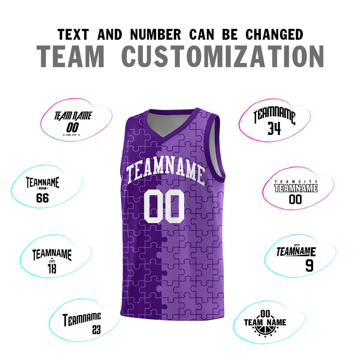 Custom Purple Light Purple Splid Basketball Kits With Puzzle Pattern