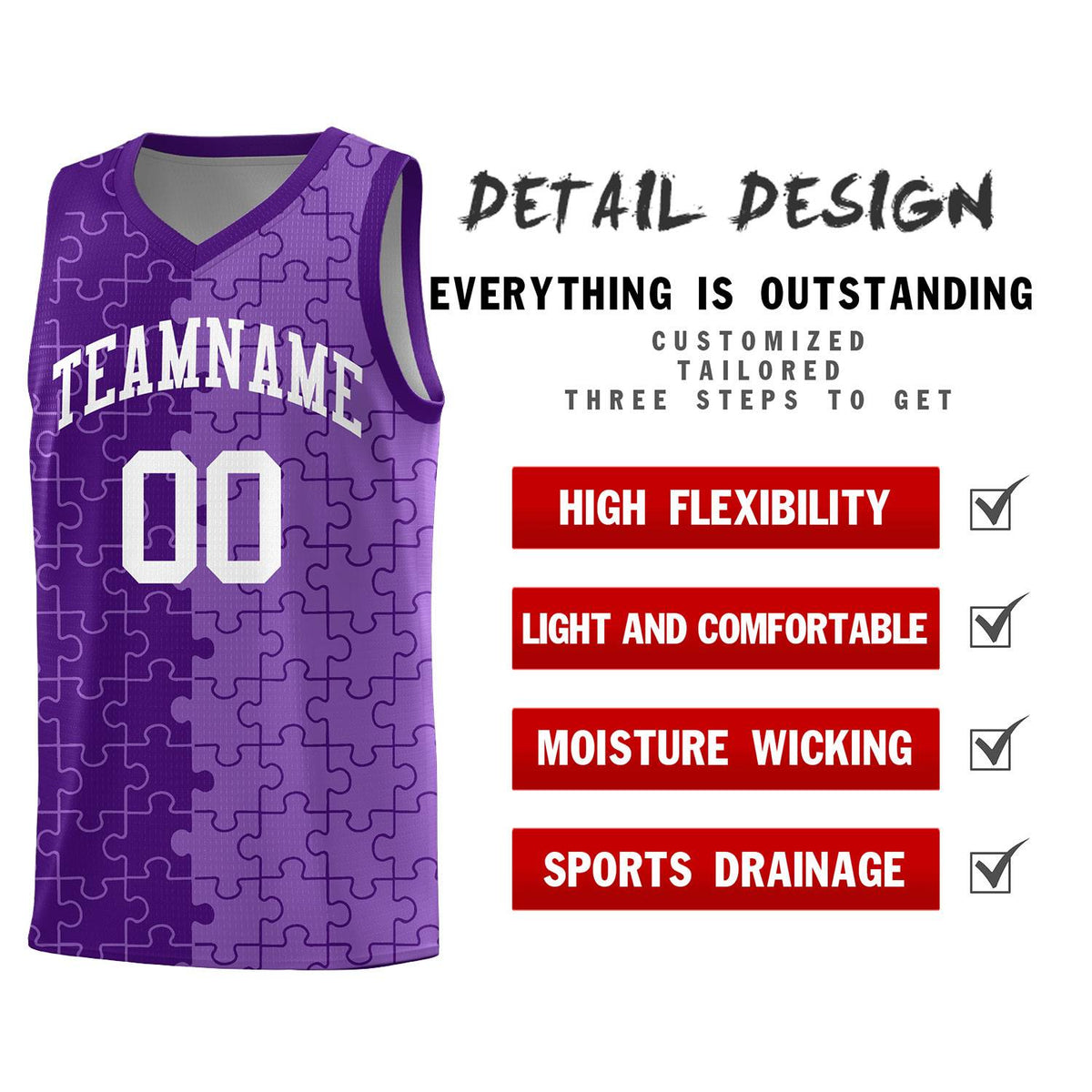 Custom Purple Light Purple Splid Basketball Kits With Puzzle Pattern