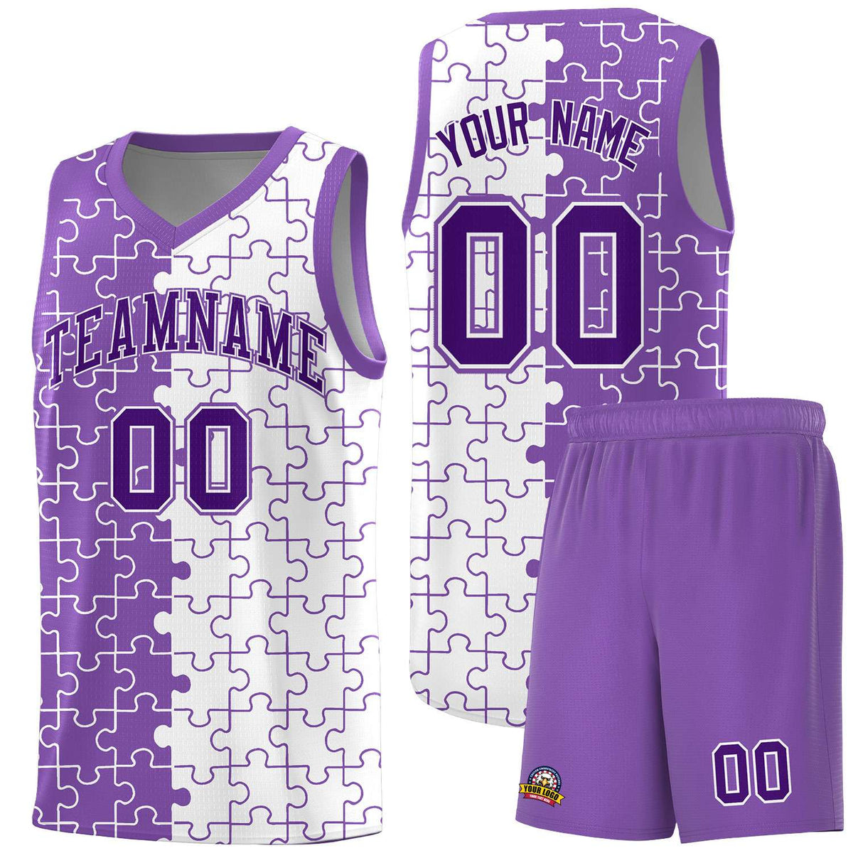 Custom Light Purple White Splid Basketball Kits With Puzzle Pattern