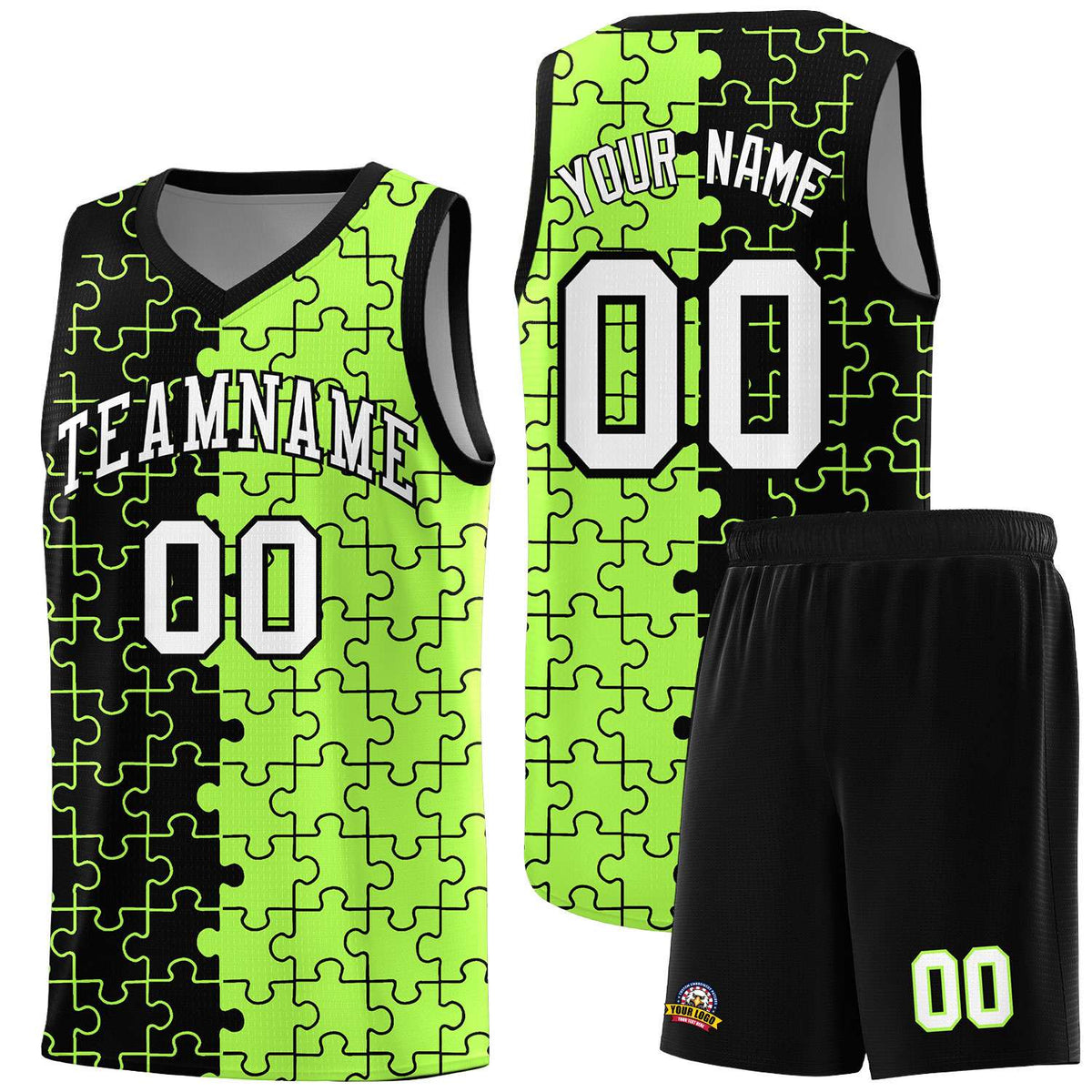 Custom Black Neon Green Splid Basketball Kits With Puzzle Pattern