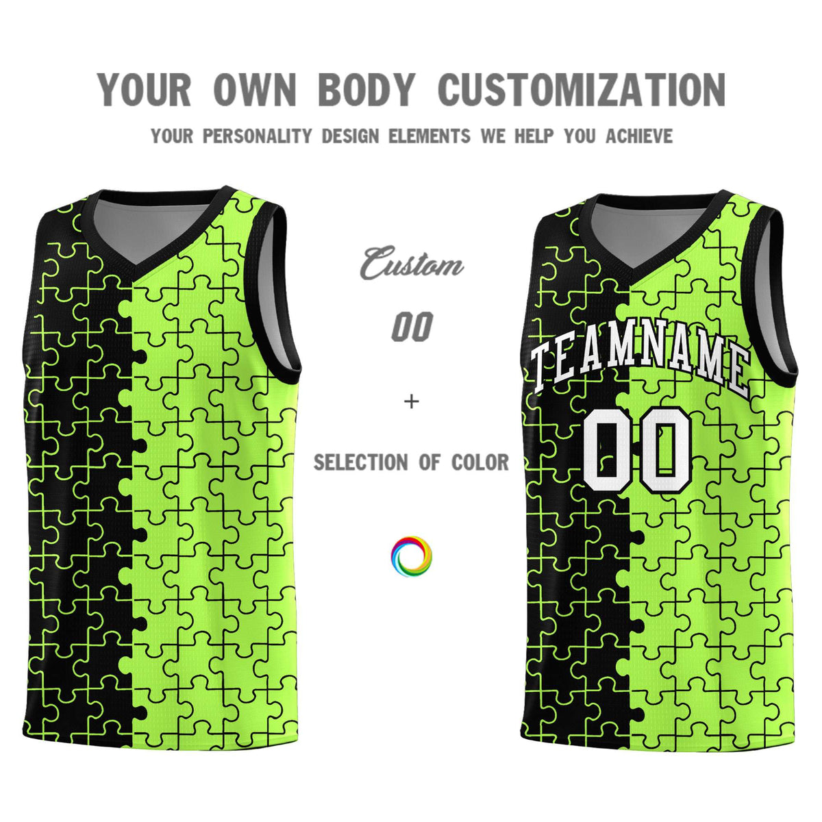 Custom Black Neon Green Splid Basketball Kits With Puzzle Pattern
