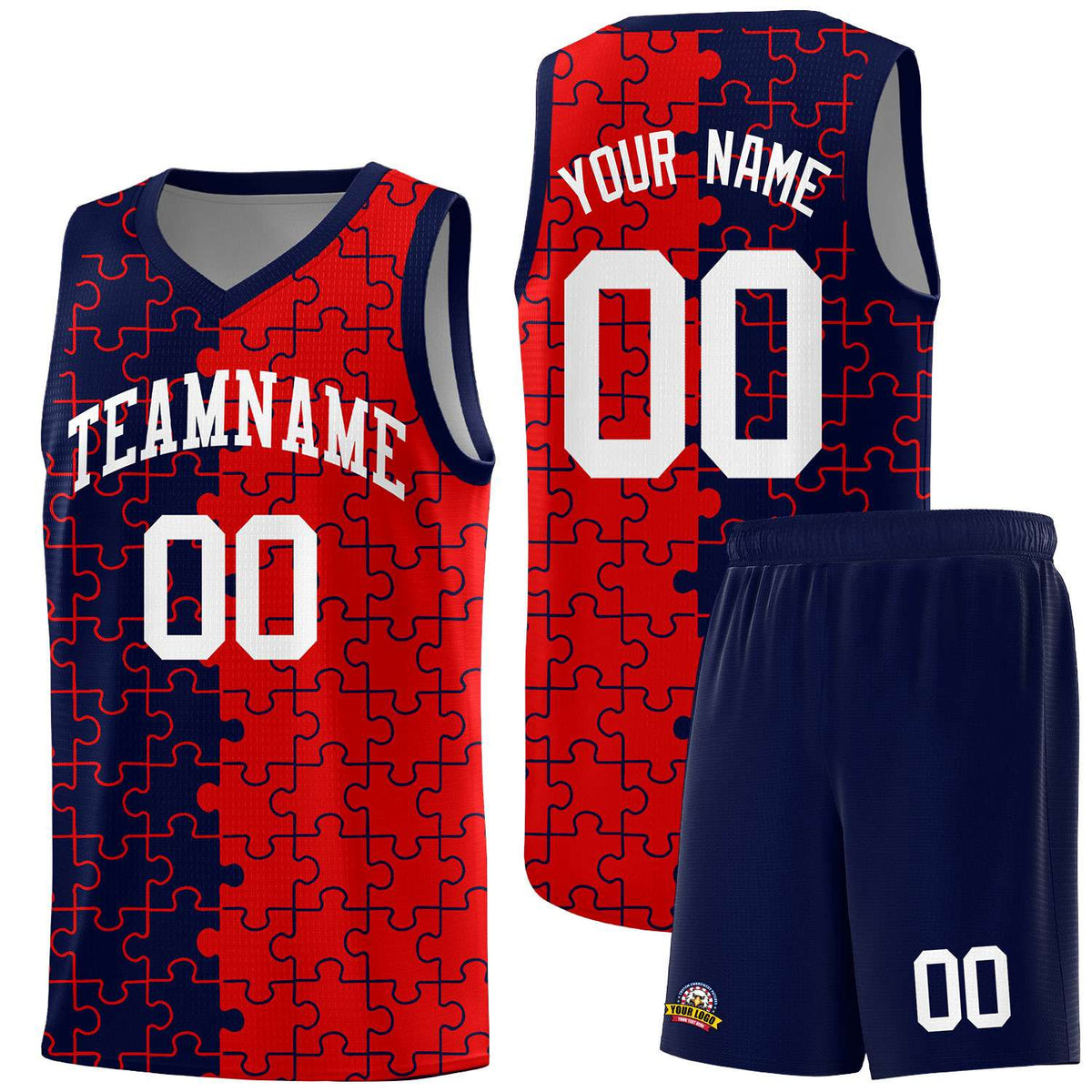 Custom Navy Red Splid Basketball Kits With Puzzle Pattern