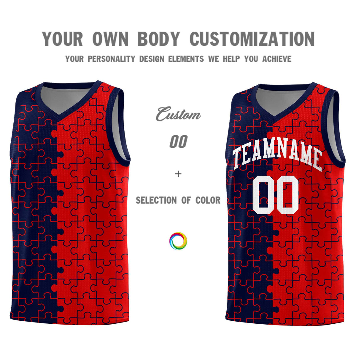 Custom Navy Red Splid Basketball Kits With Puzzle Pattern