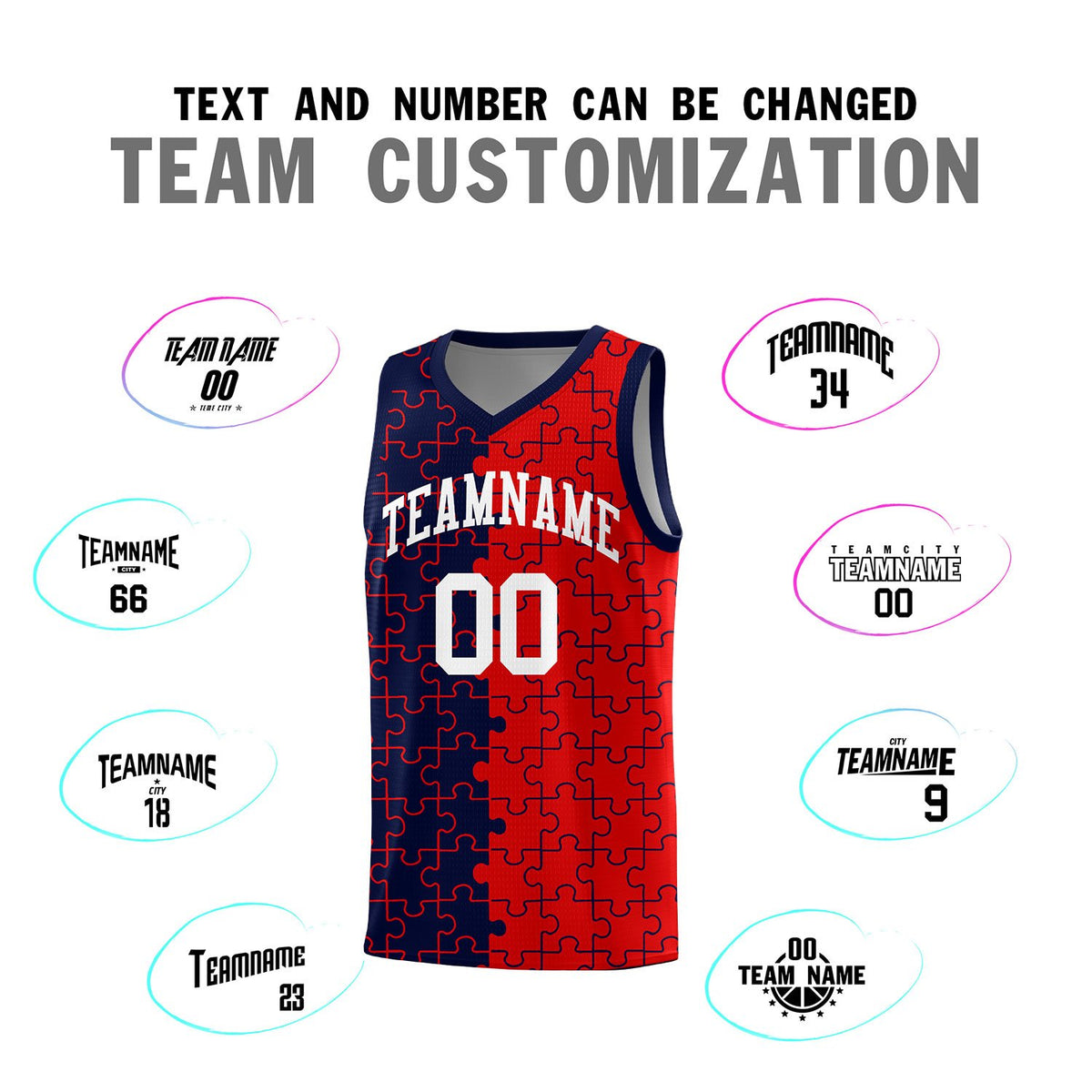 Custom Navy Red Splid Basketball Kits With Puzzle Pattern