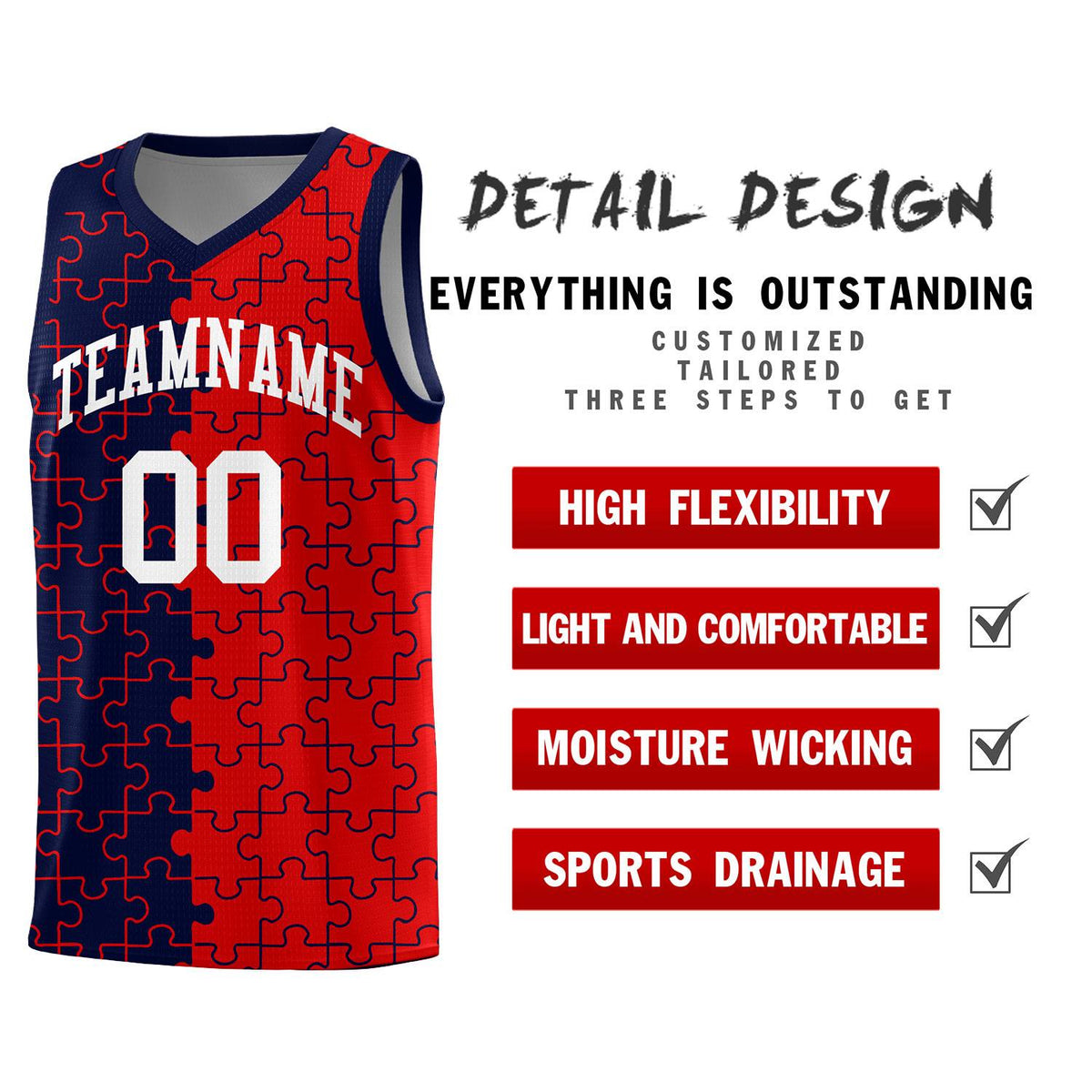 Custom Navy Red Splid Basketball Kits With Puzzle Pattern