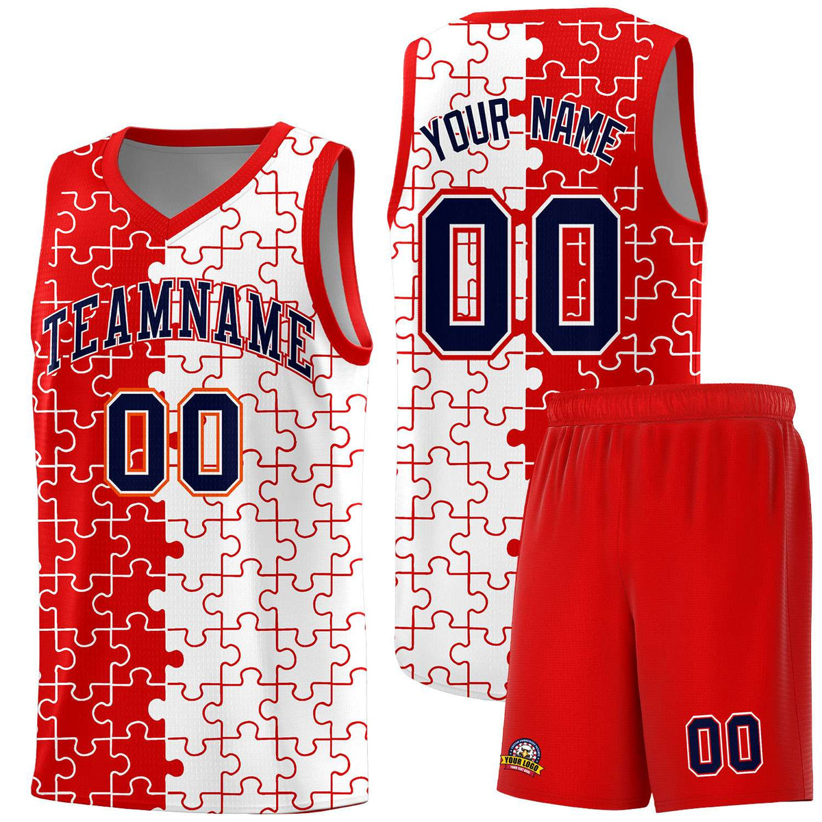 Custom Red White Splid Basketball Kits With Puzzle Pattern