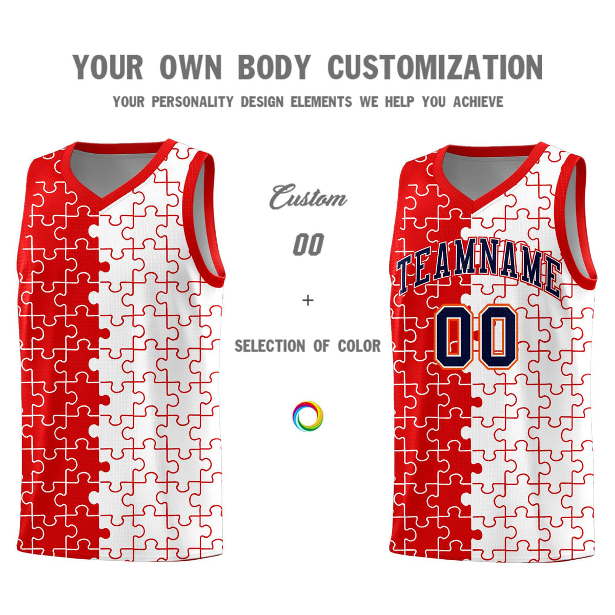 Custom Red White Splid Basketball Kits With Puzzle Pattern