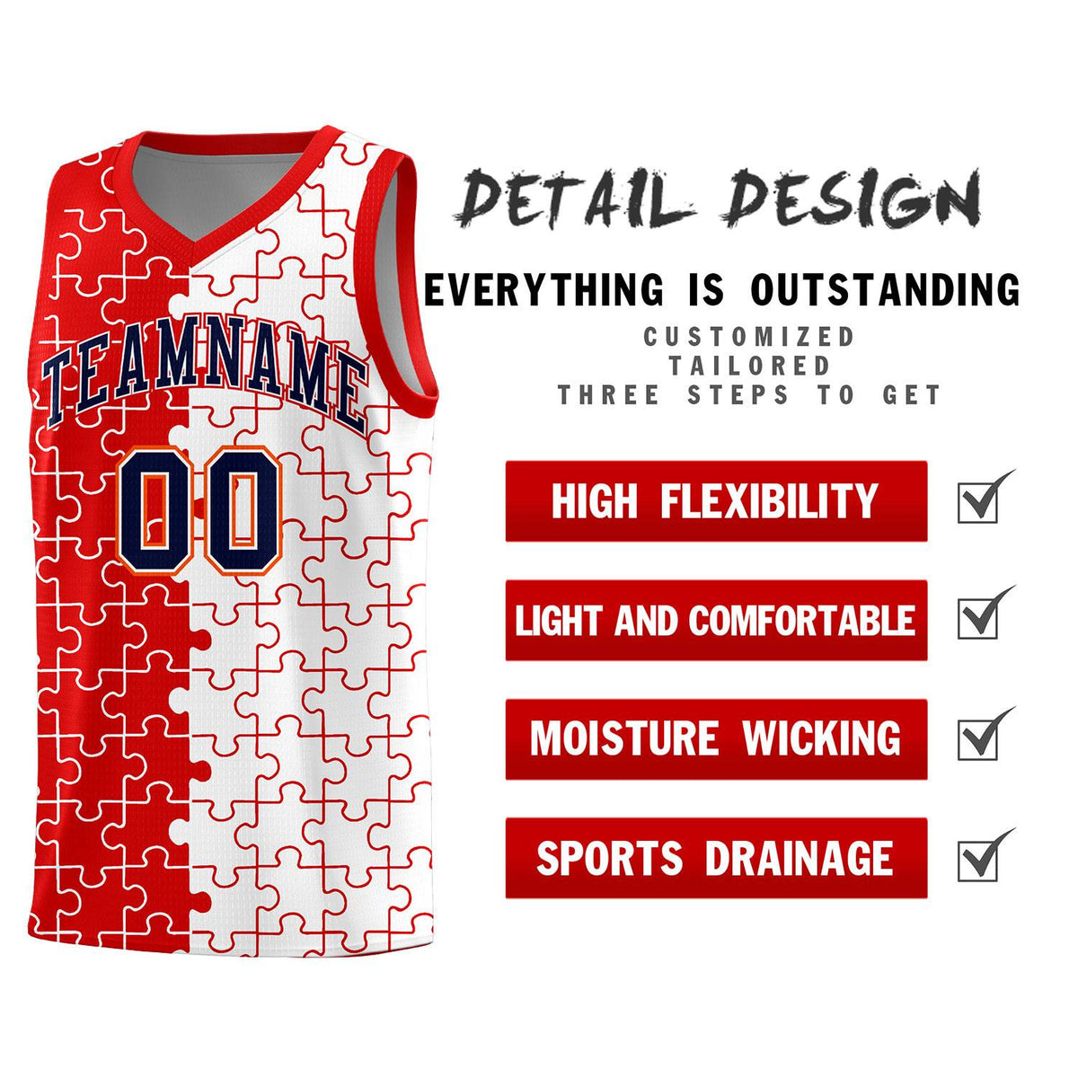 Custom Red White Splid Basketball Kits With Puzzle Pattern