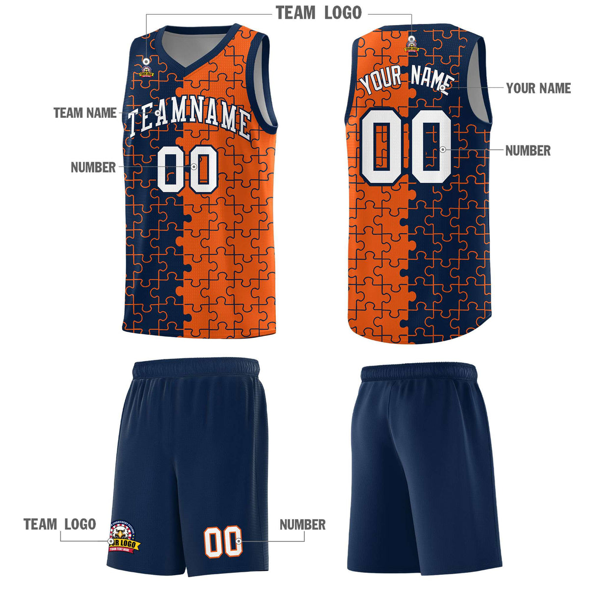 Custom Navy Orange Splid Basketball Kits With Puzzle Pattern