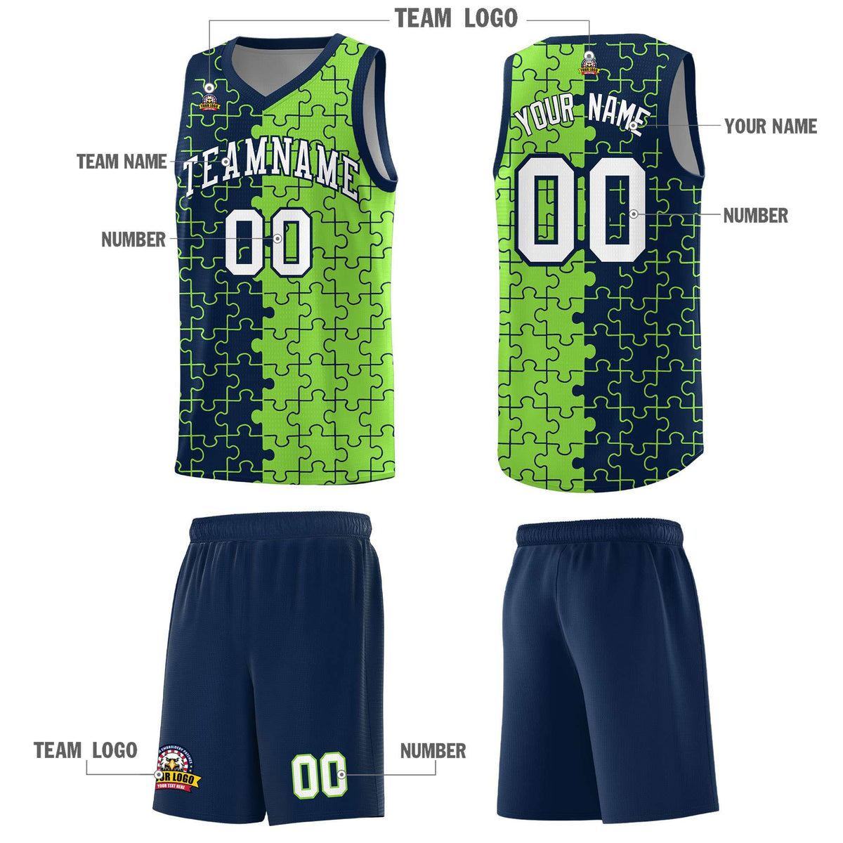 Custom Navy Neon Green Splid Basketball Kits With Puzzle Pattern