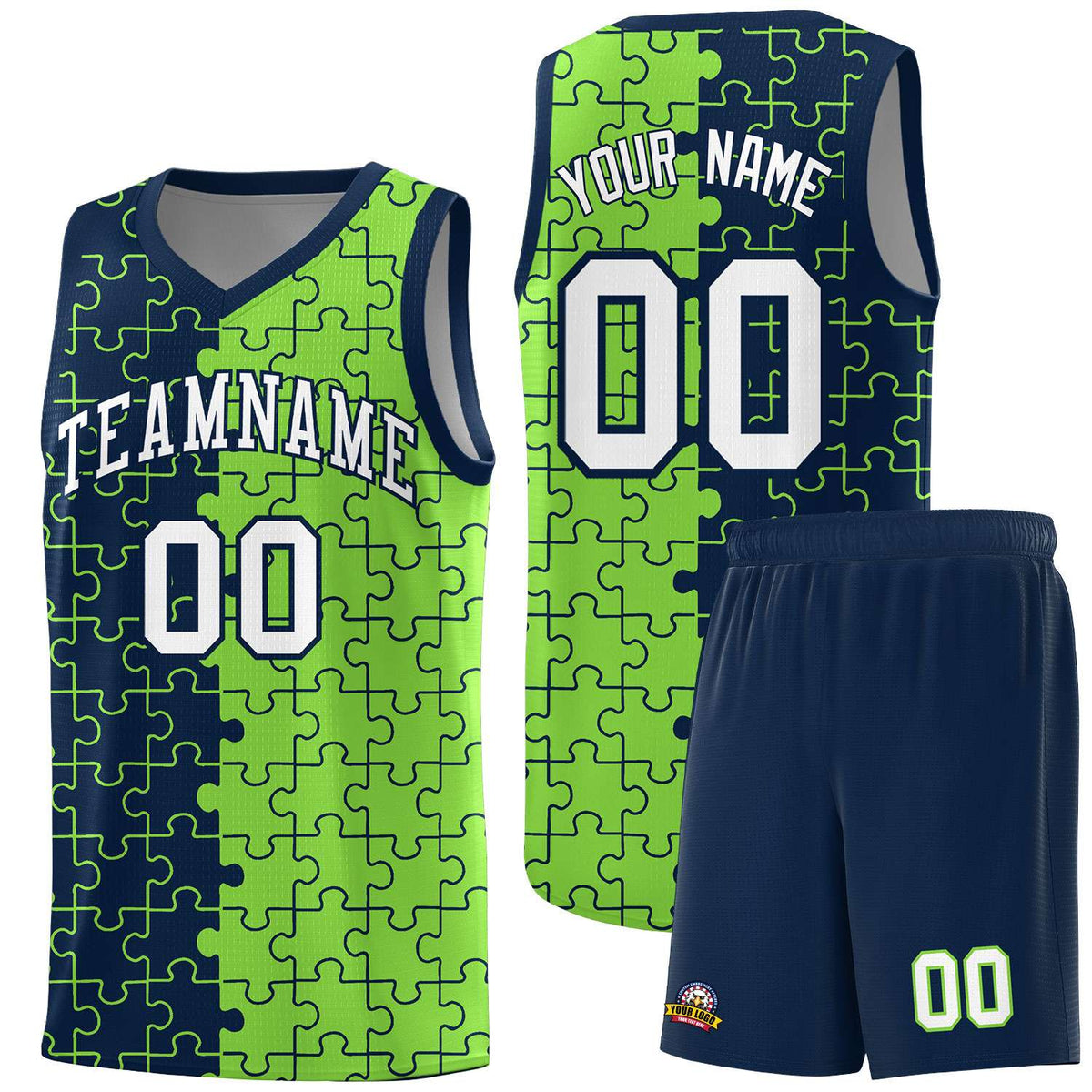 Custom Navy Neon Green Splid Basketball Kits With Puzzle Pattern