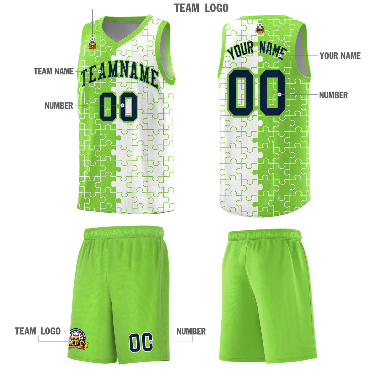 Custom Neon Green White Splid Basketball Kits With Puzzle Pattern