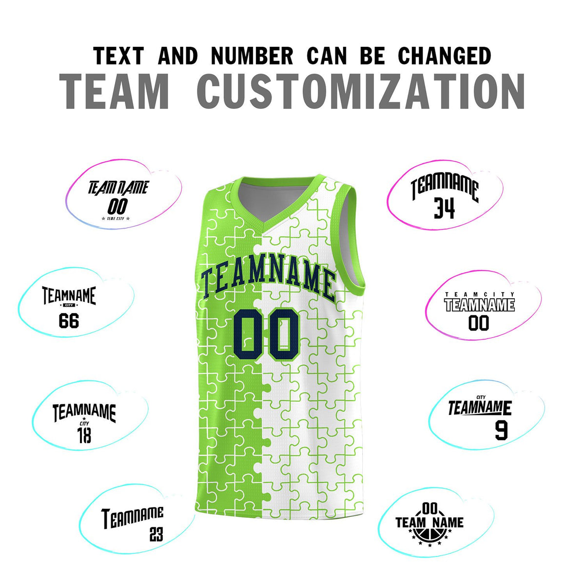 Custom Neon Green White Splid Basketball Kits With Puzzle Pattern
