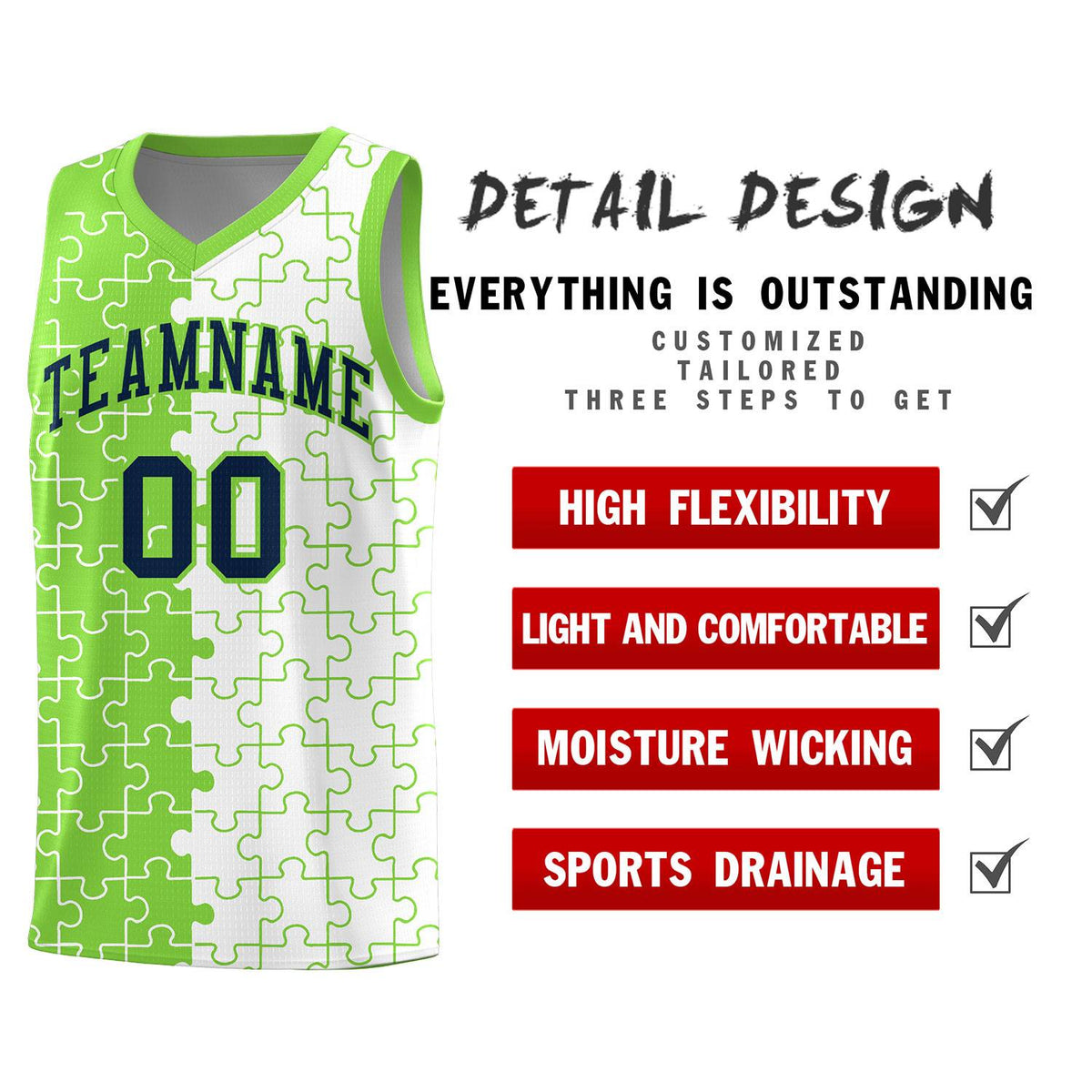Custom Neon Green White Splid Basketball Kits With Puzzle Pattern