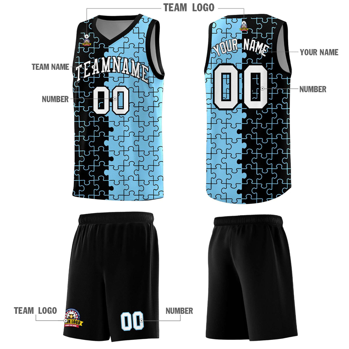 Custom Black Powder Blue Splid Basketball Kits With Puzzle Pattern