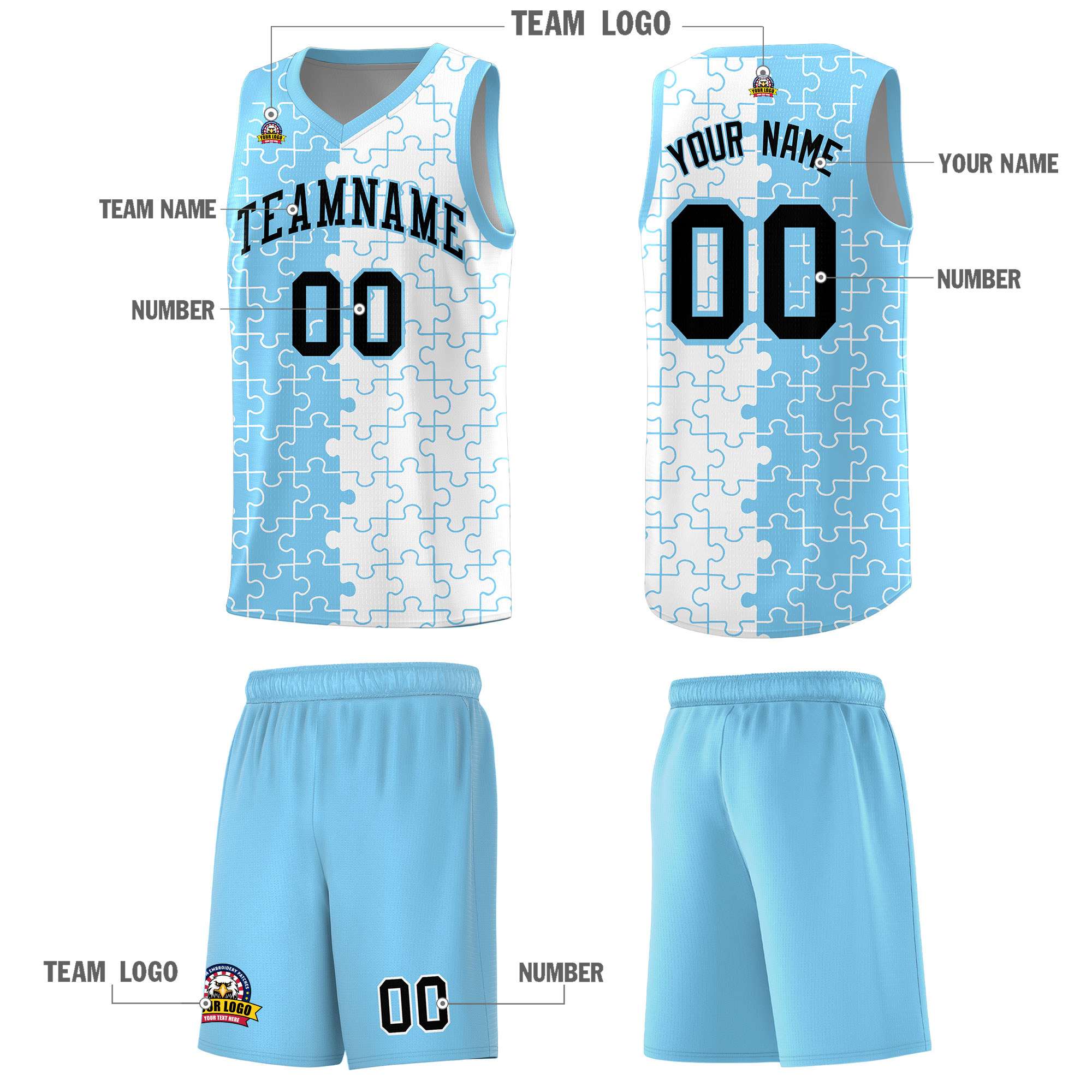 Custom Powder Blue White Splid Basketball Kits With Puzzle Pattern