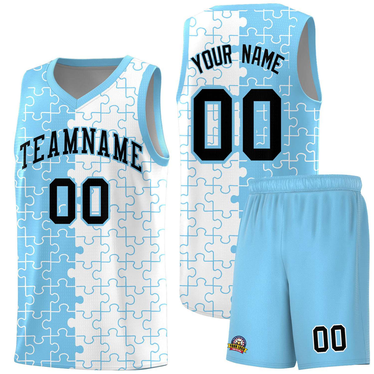 Custom Powder Blue White Splid Basketball Kits With Puzzle Pattern