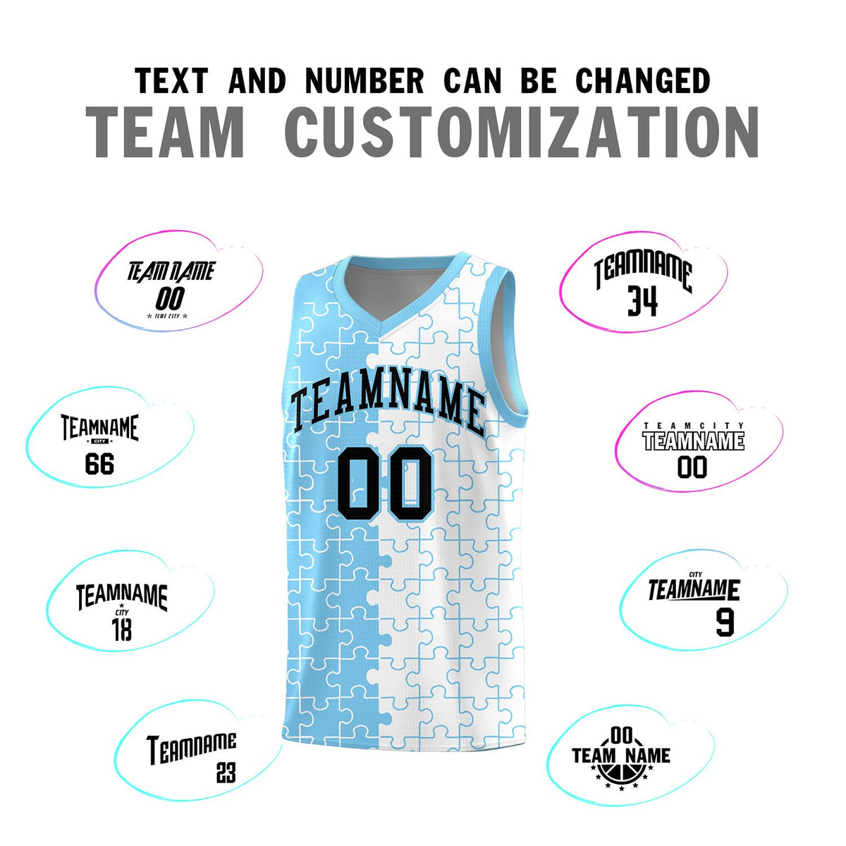 Custom Powder Blue White Splid Basketball Kits With Puzzle Pattern