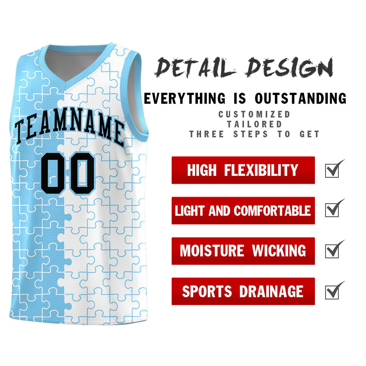 Custom Powder Blue White Splid Basketball Kits With Puzzle Pattern