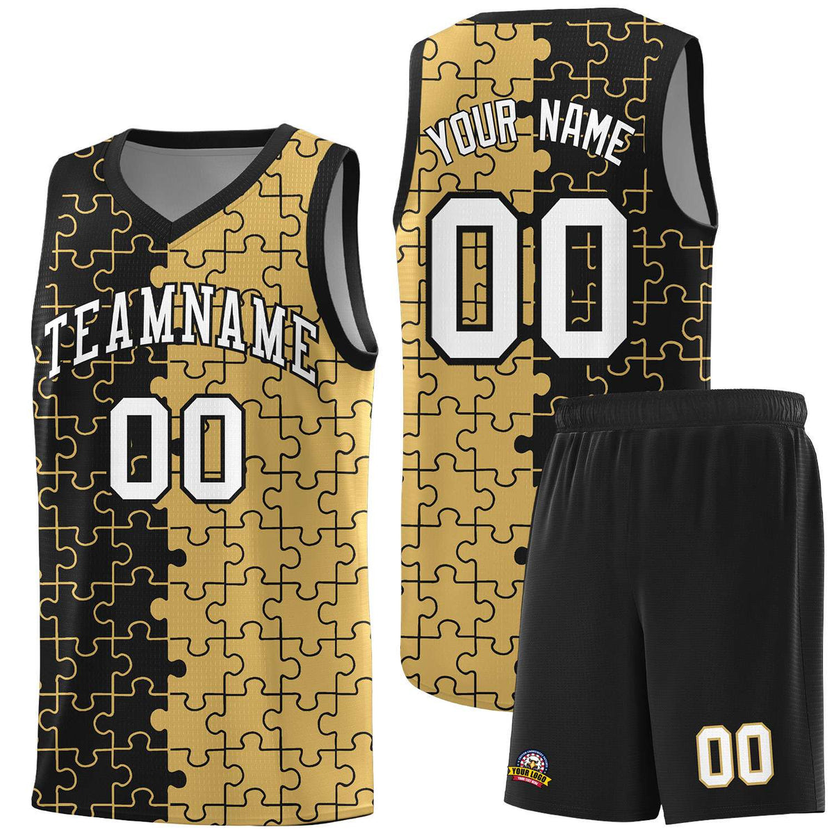 Custom Black Old Gold Splid Basketball Kits With Puzzle Pattern