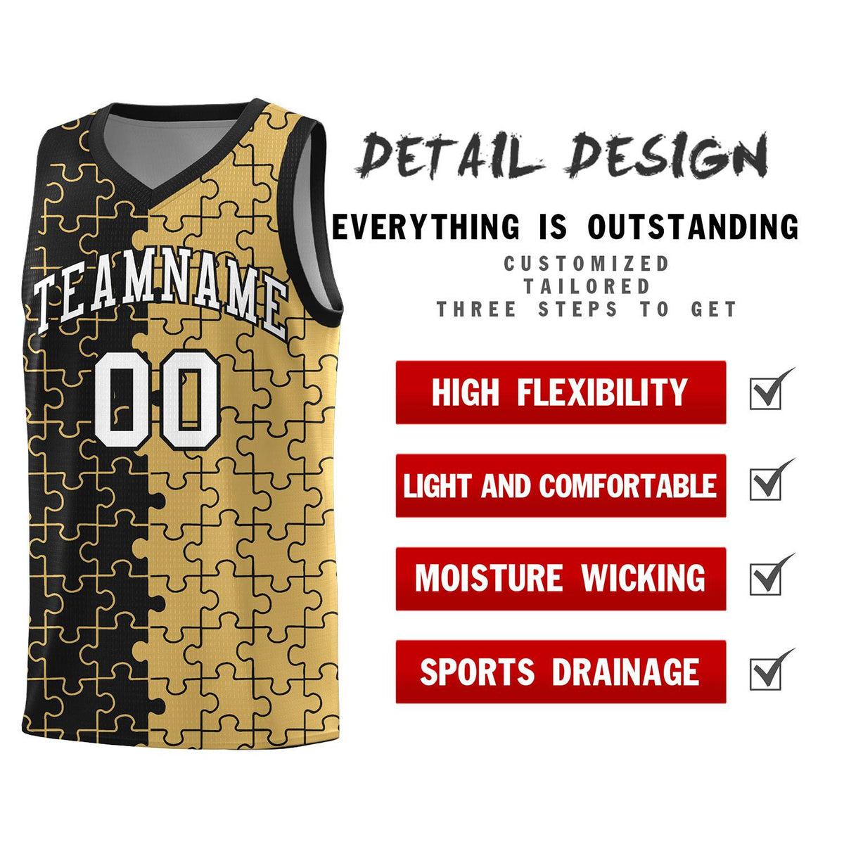 Custom Black Old Gold Splid Basketball Kits With Puzzle Pattern