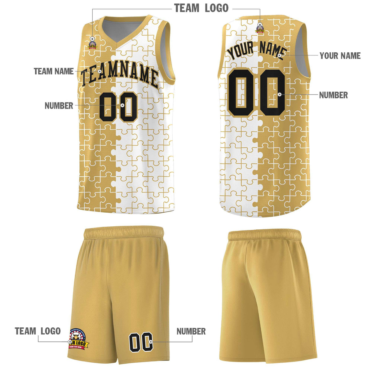 Custom Old Gold White Splid Basketball Kits With Puzzle Pattern