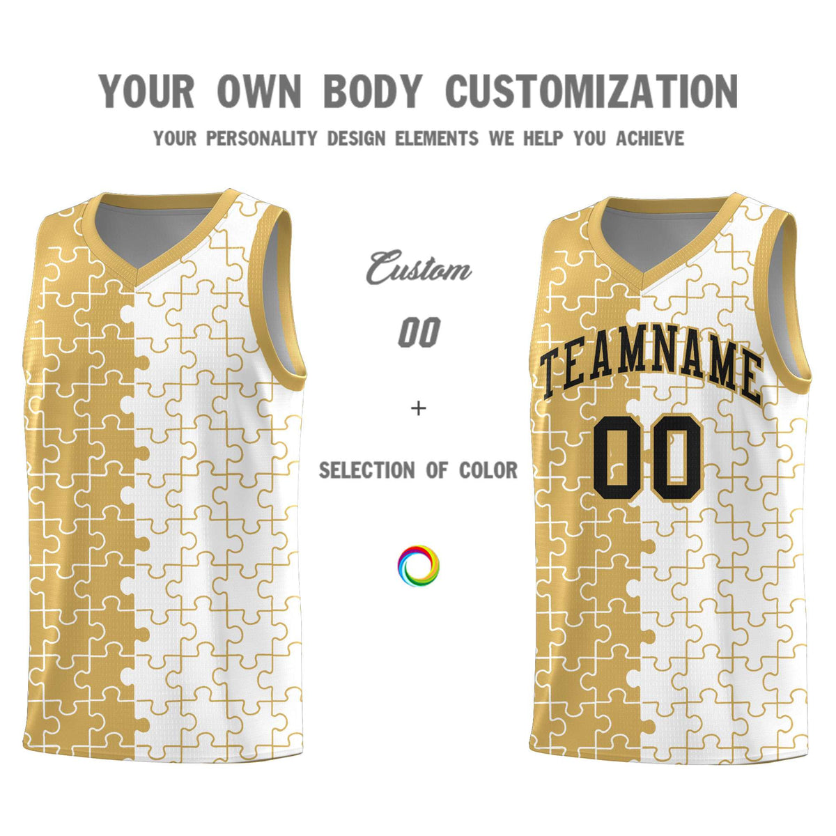 Custom Old Gold White Splid Basketball Kits With Puzzle Pattern