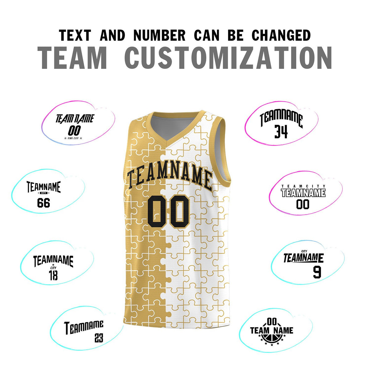 Custom Old Gold White Splid Basketball Kits With Puzzle Pattern